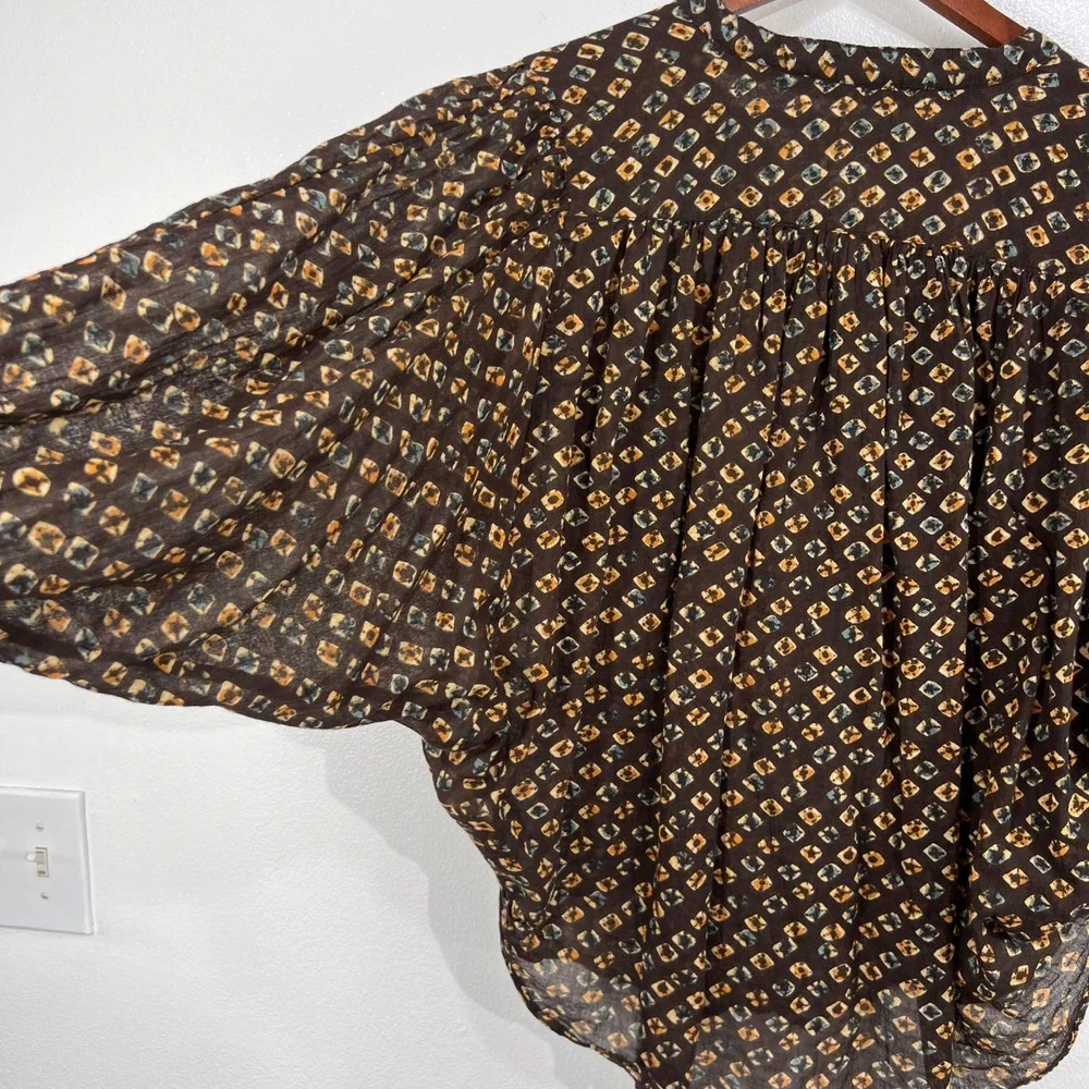 Anthropologie Boho Peasant Blouse M‎ Brown Geometric Print Cotton Sheer Batwing - Picture 6 of 12